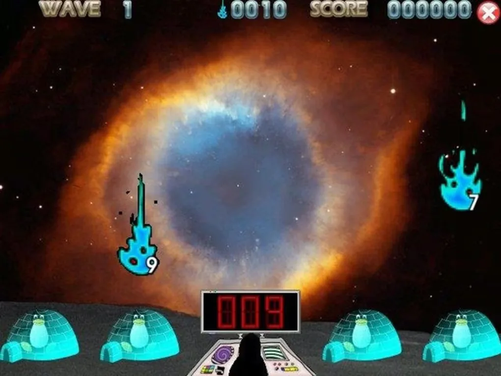 TuxMath comet-defense gameplay with numbered comets, penguins in igloos, an answer display, wave counter and score.