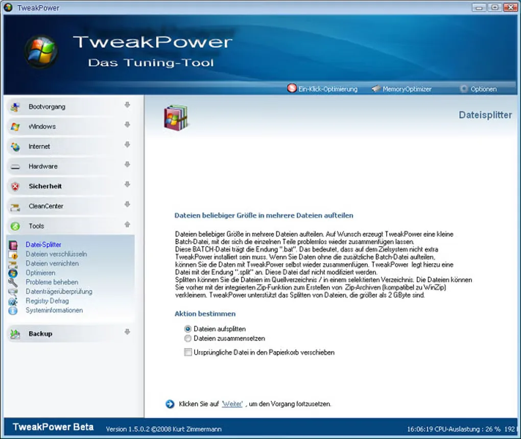 Historical German TweakPower Beta 1.5.0.2 file-splitter interface from Softonic's Windows gallery; not the current release