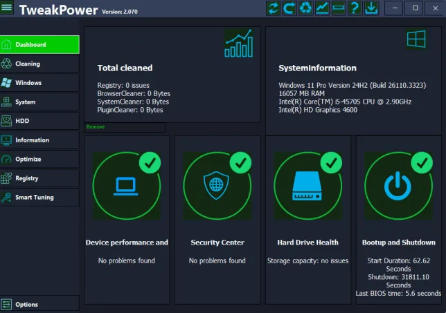 Publisher screenshot of the English TweakPower 2.070 dashboard with cleanup totals, system information and maintenance panels