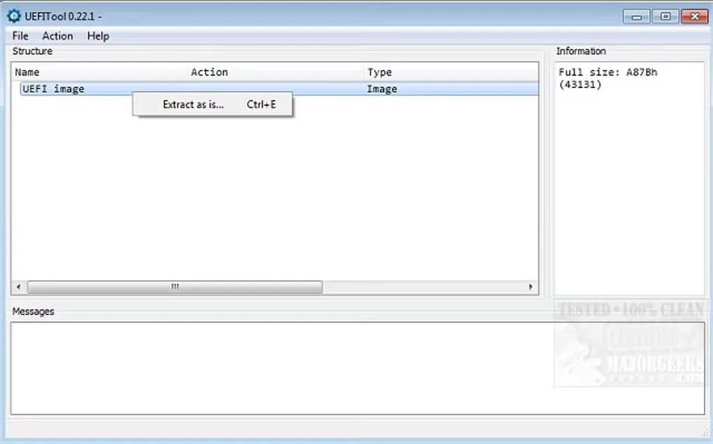 Historical UEFITool 0.22.1 Windows interface with a UEFI image row, Extract as is menu, information pane and messages pane; not NE A76