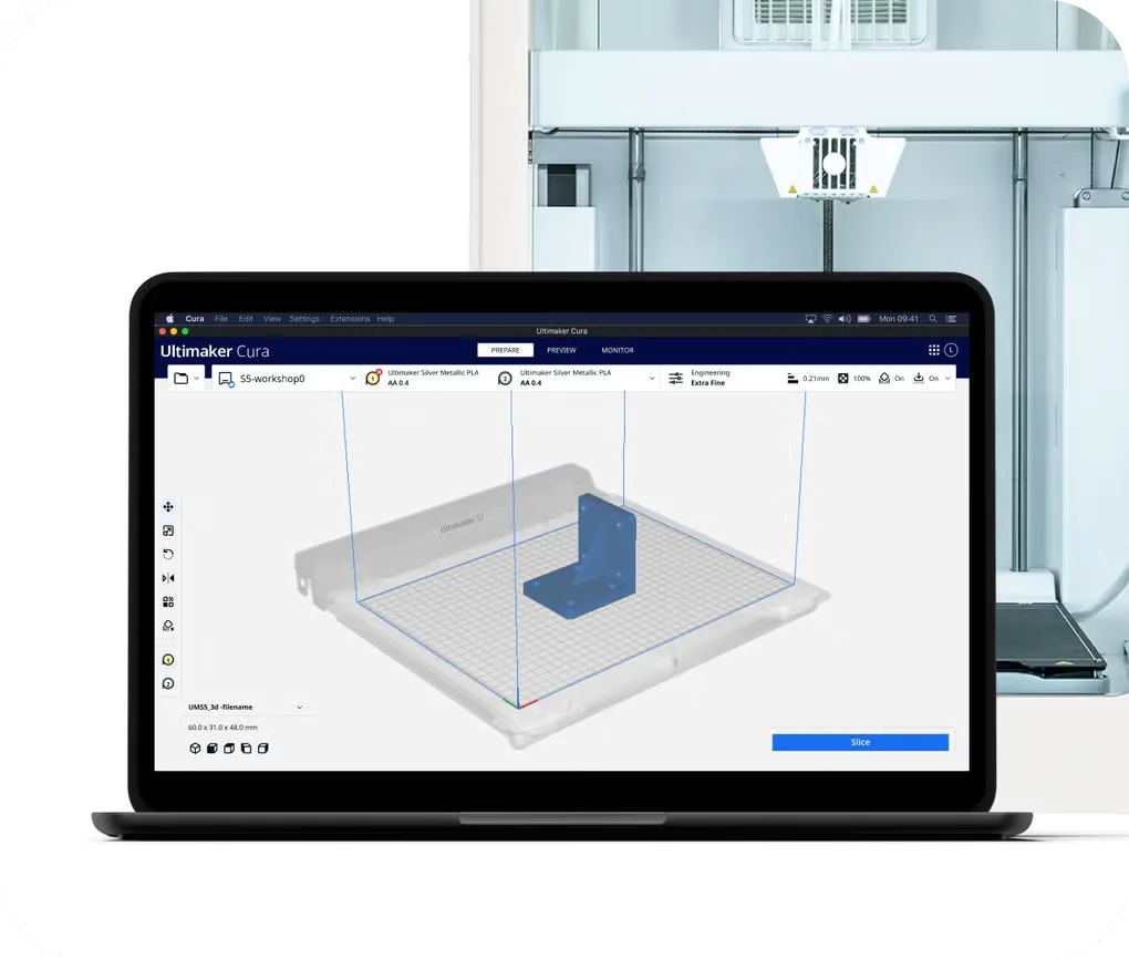 Cura gallery illustration showing a blue bracket on the virtual build plate, the Slice button and a laptop beside a 3D printer.