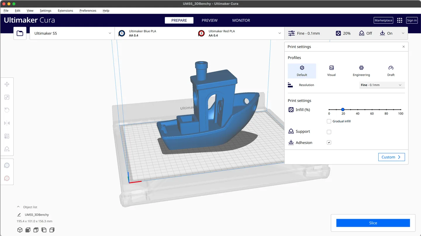 Publisher illustration of Cura's Prepare view with a blue Benchy model, print settings and Slice button; macOS window controls are visible.