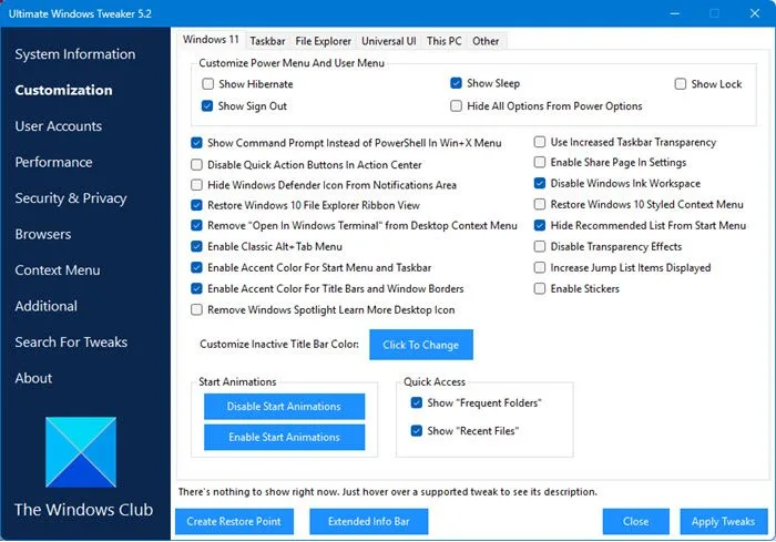 Ultimate Windows Tweaker 5.2 Customization panel with Windows 11 setting checkboxes and restore-point controls