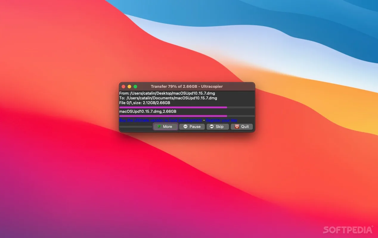 Ultracopier on macOS showing a file transfer at 79 percent with More, Pause, Skip and Quit controls; source screenshot, build unspecified.