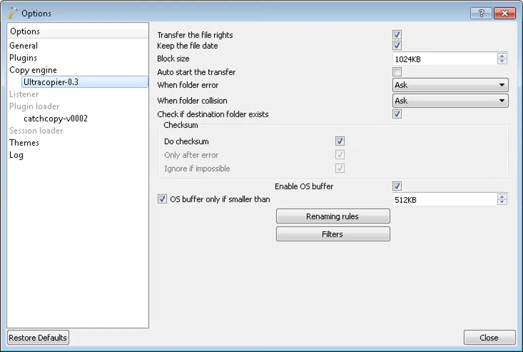 Historical Ultracopier Windows options window showing copy-engine, collision, checksum and buffer settings