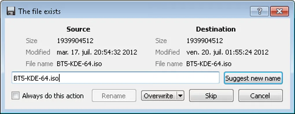 Historical Ultracopier Windows file-exists dialog comparing source and destination files with overwrite, skip and rename controls
