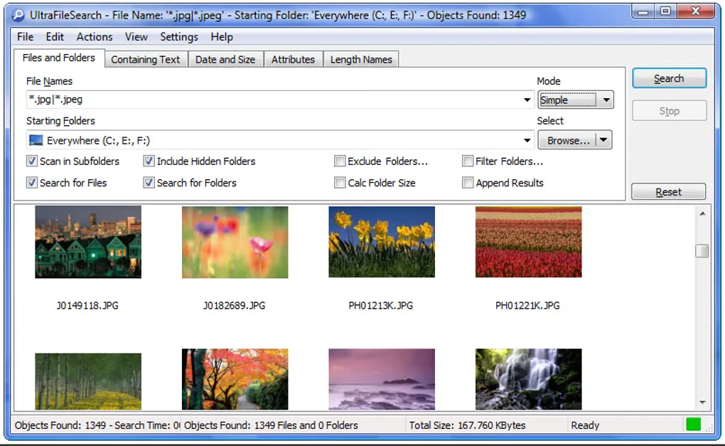 Historical UltraFileSearch Windows interface showing filename search, starting folders and photo thumbnail results.