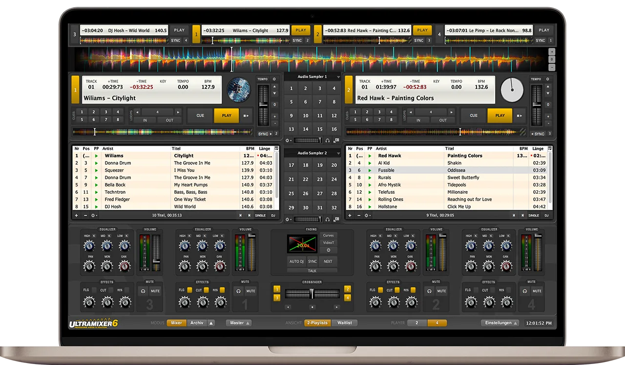 Publisher illustration of the UltraMixer 6 four-player mixer with waveforms, two playlists, sampler and crossfader.