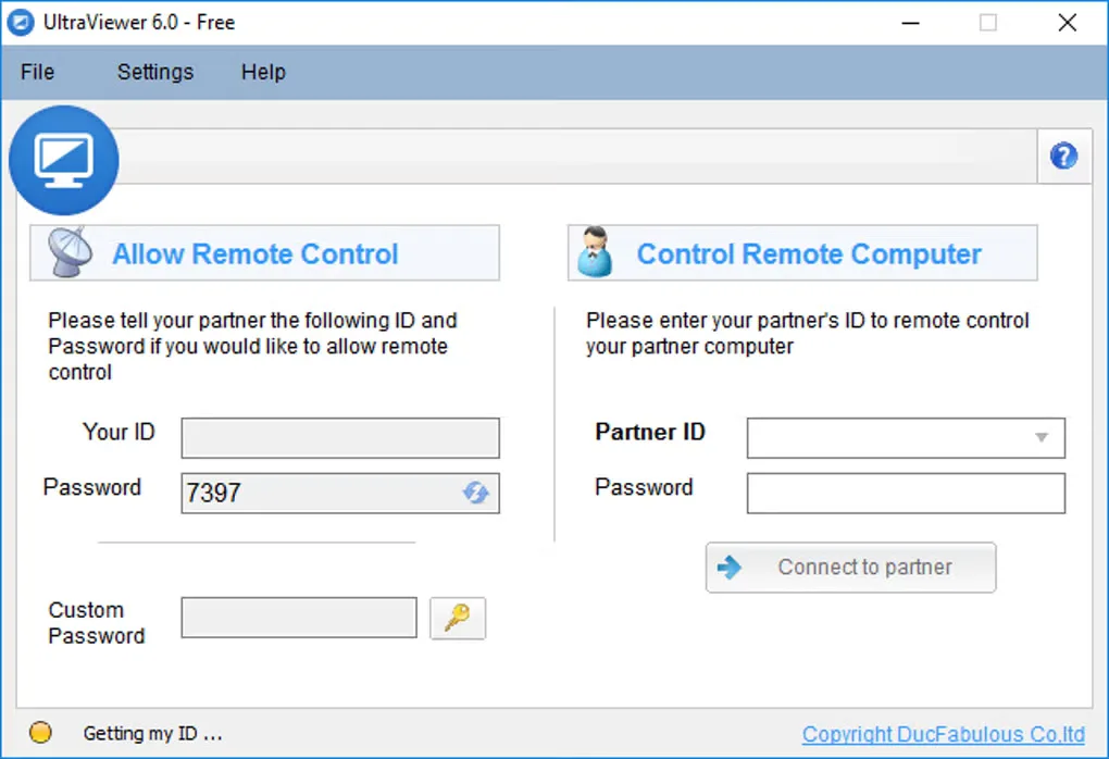 Older UltraViewer 6.0 Windows interface with Allow Remote Control and Control Remote Computer panels and partner ID fields
