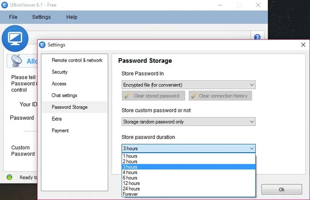 Older UltraViewer 6.1 Windows Password Storage settings with password storage mode and duration controls