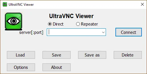 UltraVNC Viewer connection window with Direct and Repeater modes, server field and Connect button