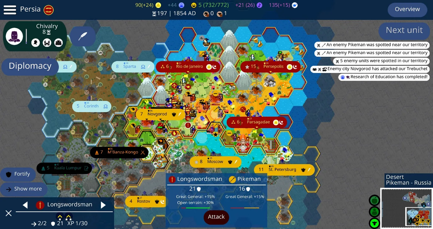 Unciv Android world map with Persian cities, unit controls, research status and a combat preview