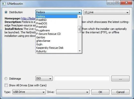 Historical UNetbootin Windows interface with the Linux distribution list open and Diskimage and USB Drive controls below
