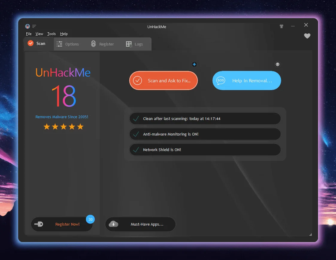 UnHackMe 18 dark-theme main window with Scan and Ask to Fix, Help in Removal and status panels.