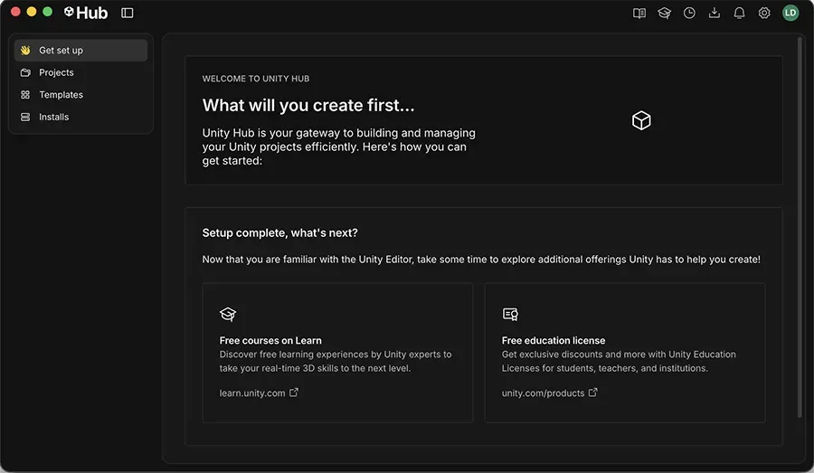 Unity Hub Get set up screen with Projects, Templates and Installs navigation; publisher macOS example, Windows appearance differs.