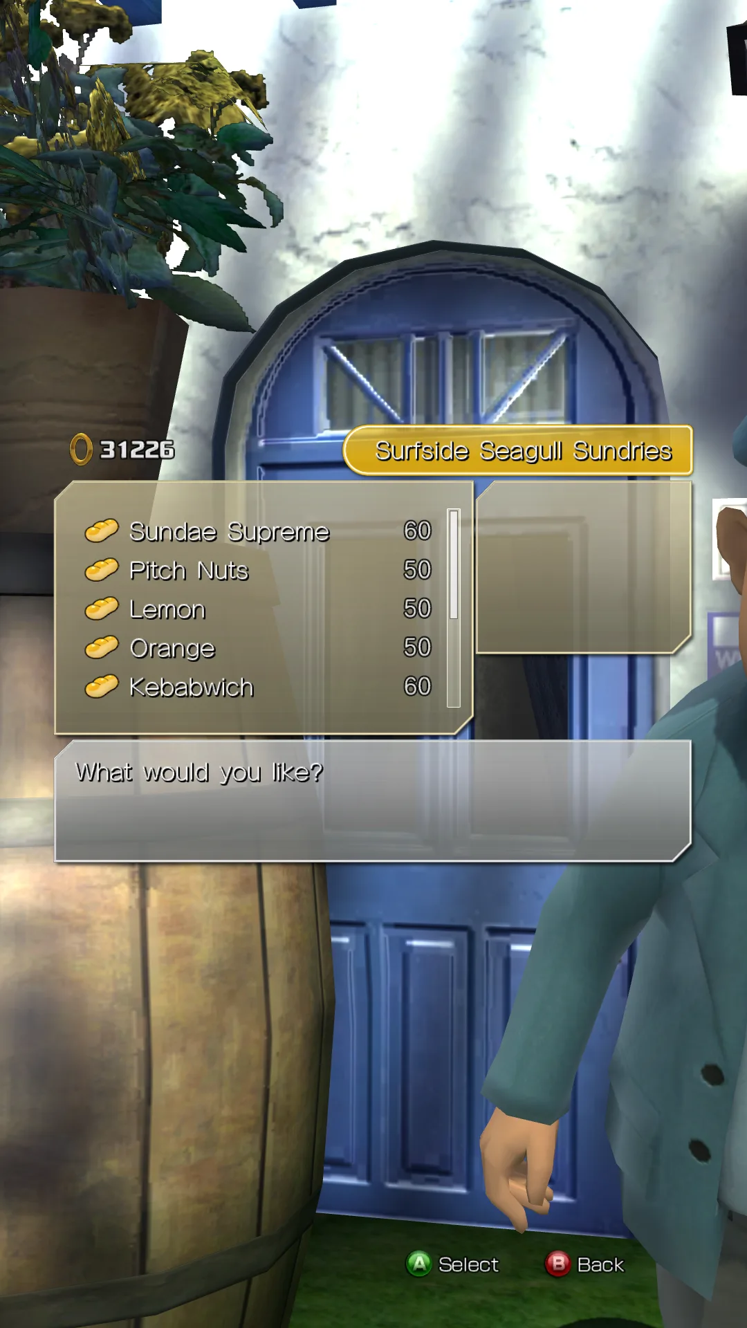 Unleashed Recompiled shop interface showing Surfside Seagull Sundries, item prices and controller prompts in a narrow-aspect capture