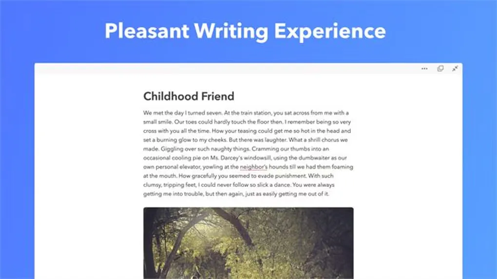 UpNote desktop note window showing a Childhood Friend note with text and an embedded photograph, from the Windows product gallery