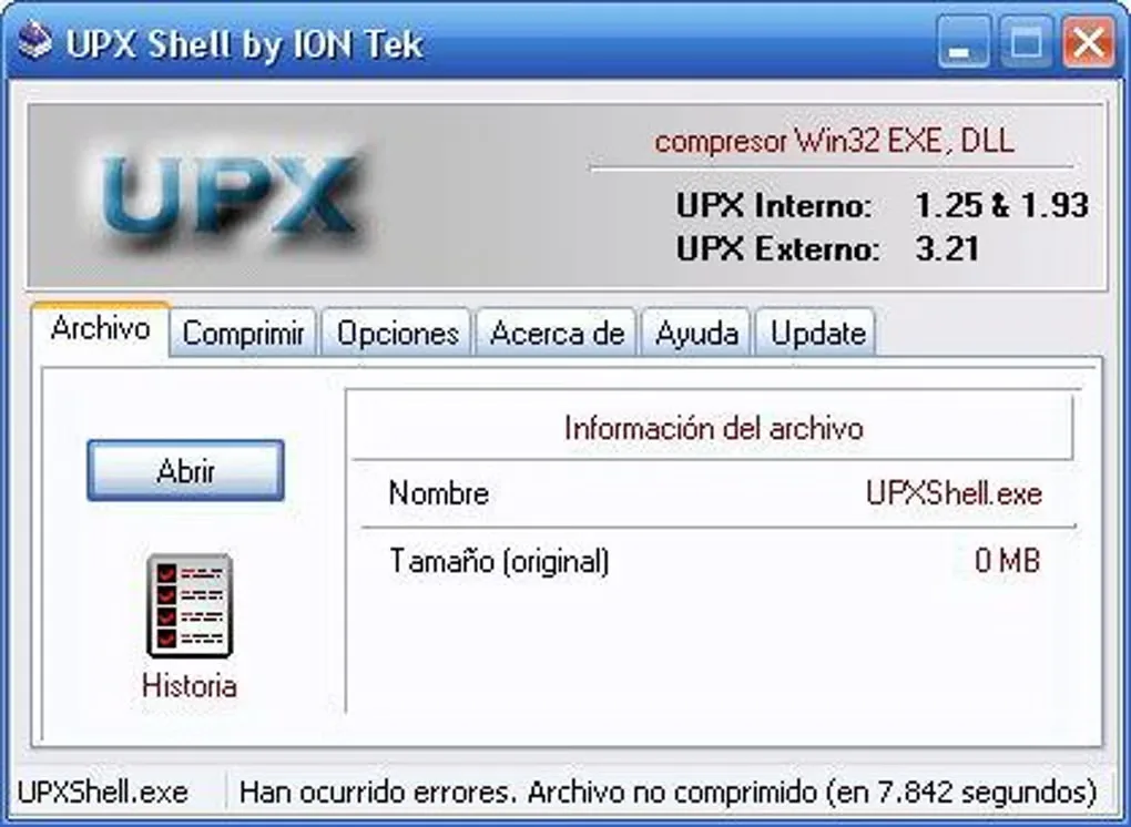 Historical UPX Shell Windows interface in Spanish, with file details and compression and options tabs