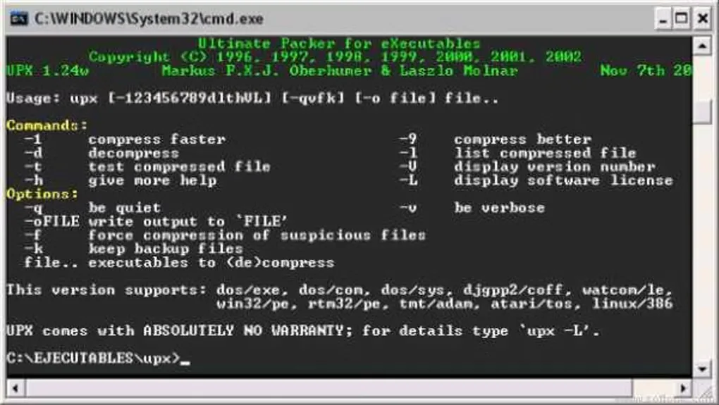 Historical UPX 1.24w command-line help in a Windows command prompt, showing compression, decompression and file-listing options