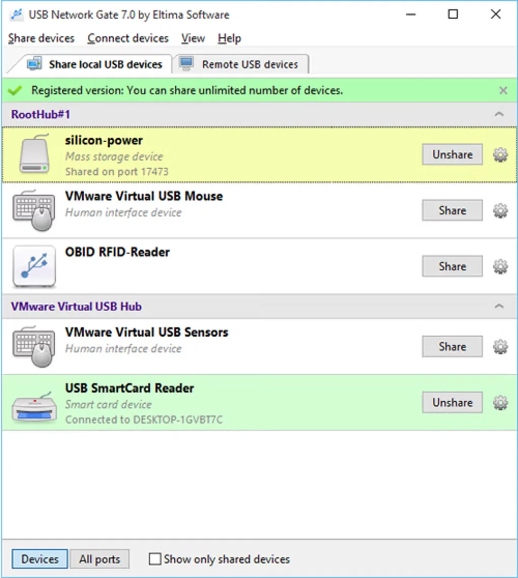 Legacy USB Network Gate 7.0 Windows interface showing local USB devices and Share or Unshare controls