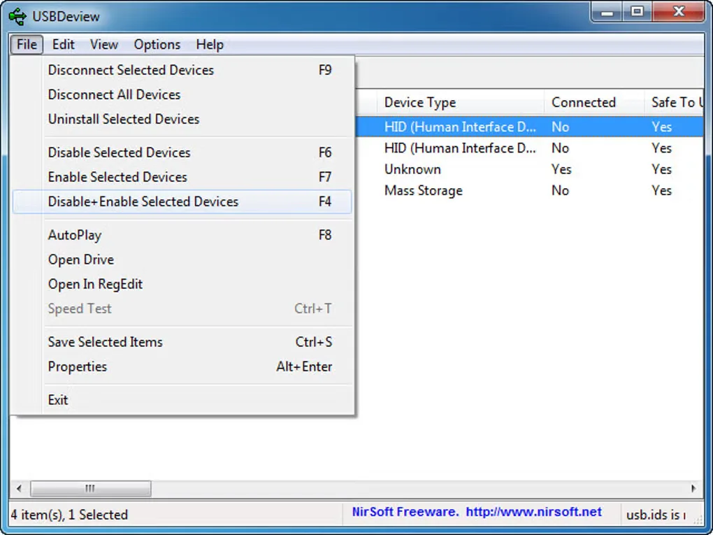 USBDeview on Windows with the File menu open over a USB device table, showing disconnect, disable, enable and export commands.