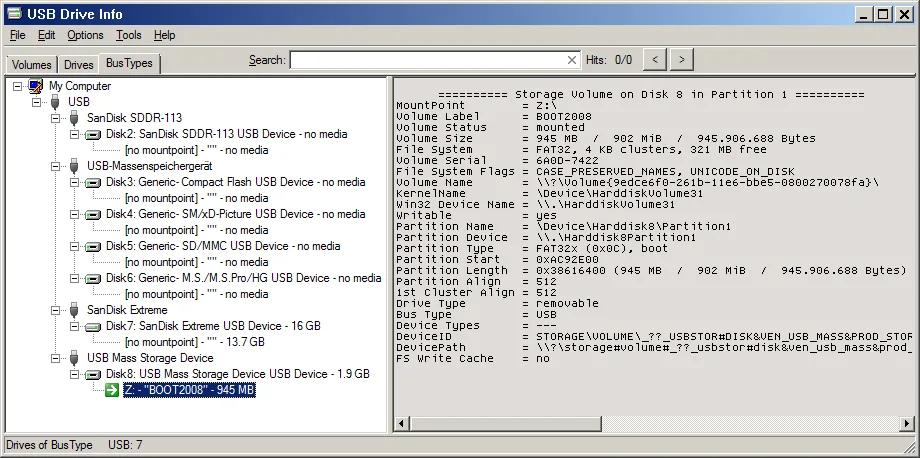 USB Drive Info companion utility showing USB devices in its BusTypes tree and details for the selected Z: volume