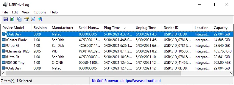 USBDriveLog window listing USB drive models, serial numbers, plug and unplug times, device IDs and capacities