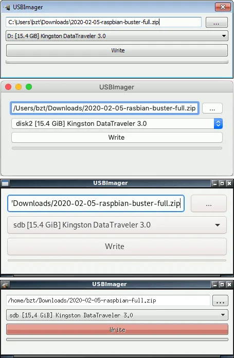 Publisher USBImager screenshot composite: Windows, macOS and Linux interfaces; the second window shows Mac image selection, target disk and Write controls.