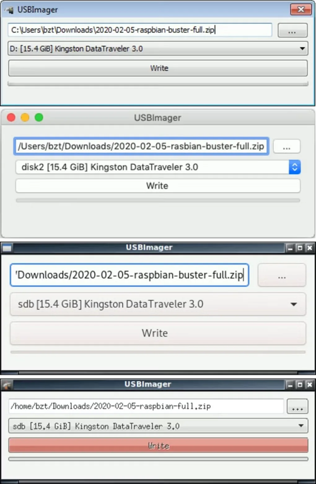 USBImager interface examples: Windows image path, USB device selector and Write button at top; macOS and Linux examples below.
