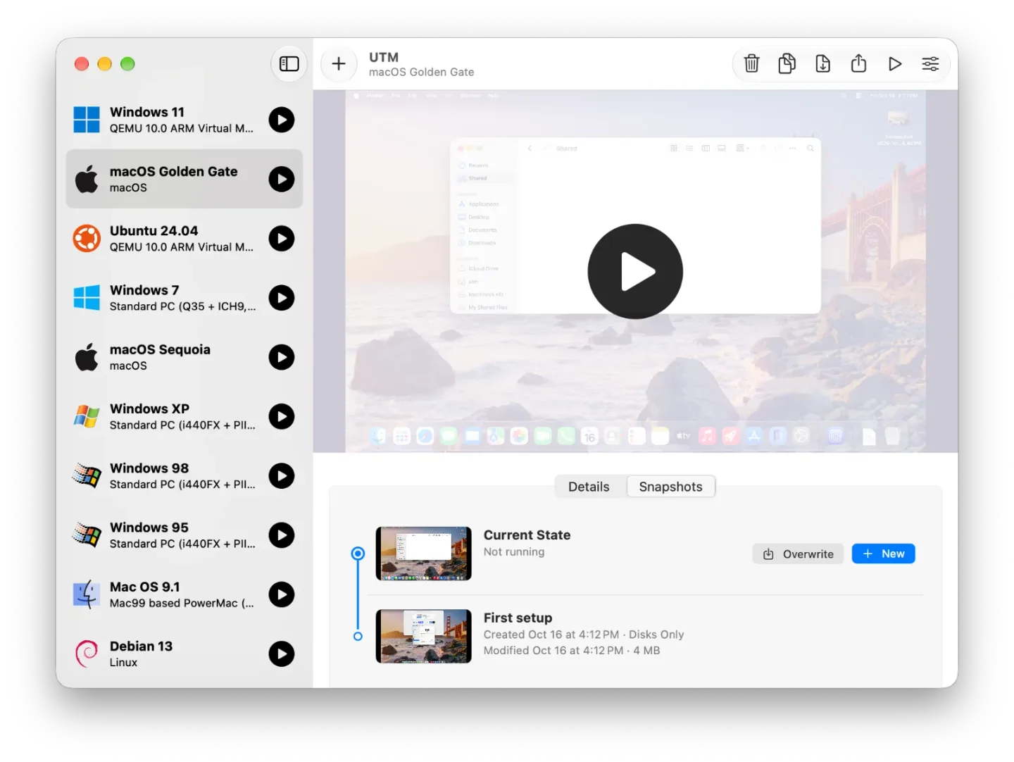 UTM for Mac showing a virtual machine library and the Snapshots tab for a selected macOS guest