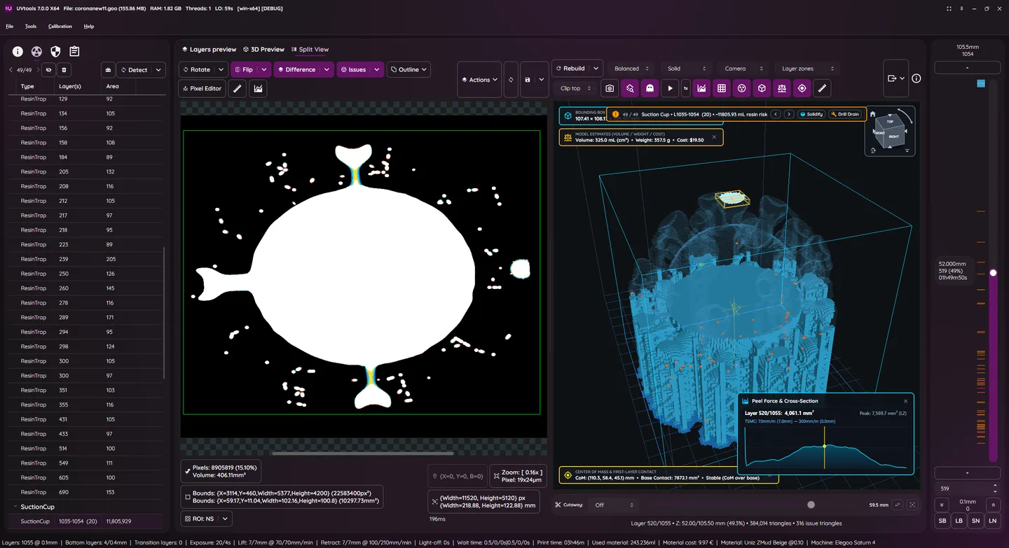 UVtools Windows interface with a layer preview, resin-trap issue list and blue 3D model in Split View