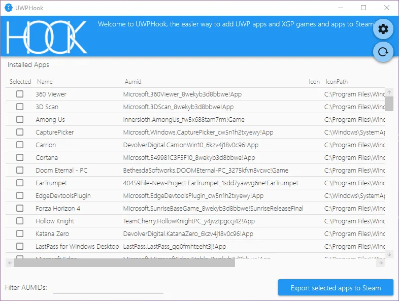 UWPHook installed-app list with selection checkboxes, app names, AUMIDs and the Export selected apps to Steam button.