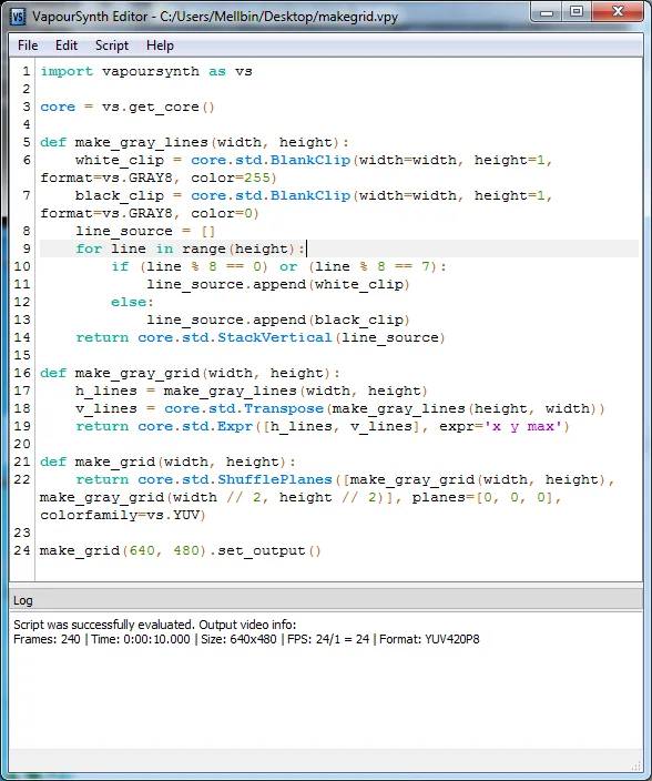 Historical 2014 VapourSynth Editor companion on Windows showing a Python video script and output-information log; not the R81 framework interface.