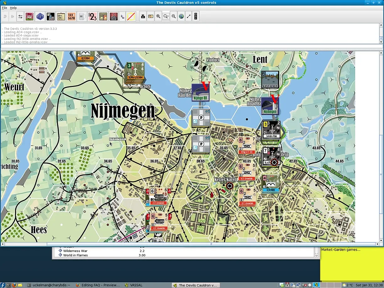 Vassal running The Devils Cauldron module on a Linux desktop, with game controls, log and Nijmegen map counters.