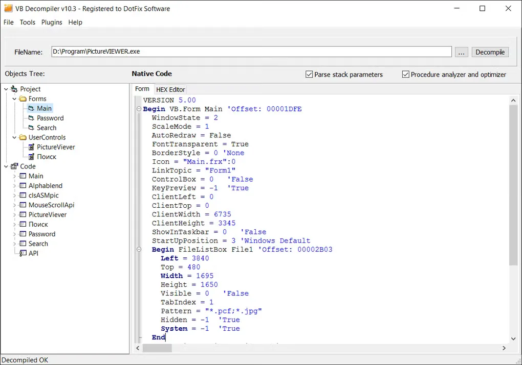 Historical VB Decompiler v10.3 registered Windows interface showing the project tree and recovered VB form definition.