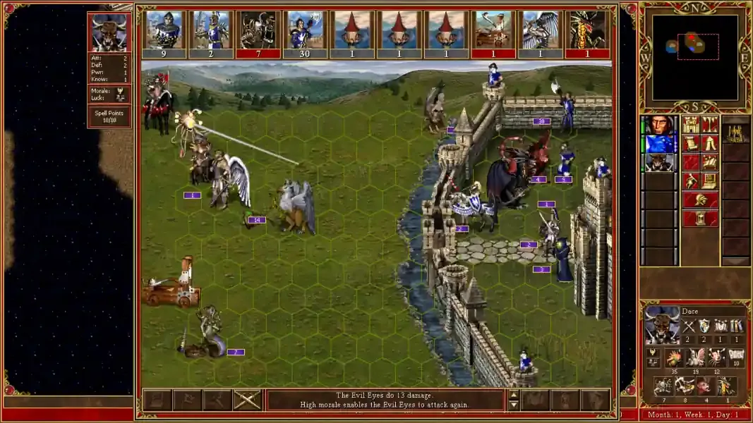 VCMI castle siege battle with a hex-grid battlefield, creature turn queue and hero information panels