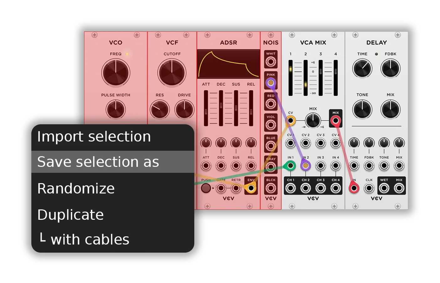 VCV Rack module-selection interface with highlighted synthesizer modules, patch cables and the Save selection as context-menu command