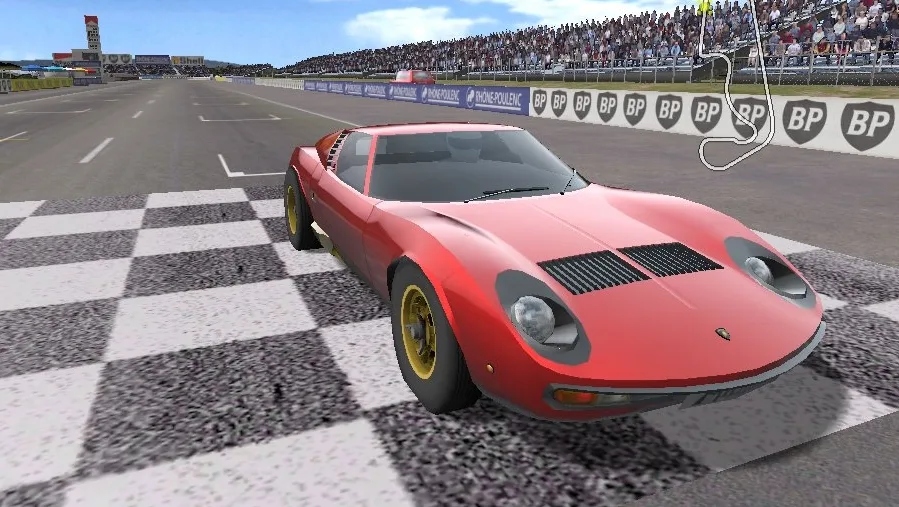 VDrift gameplay showing a red sports car on a circuit start line with a track map in the upper-right corner