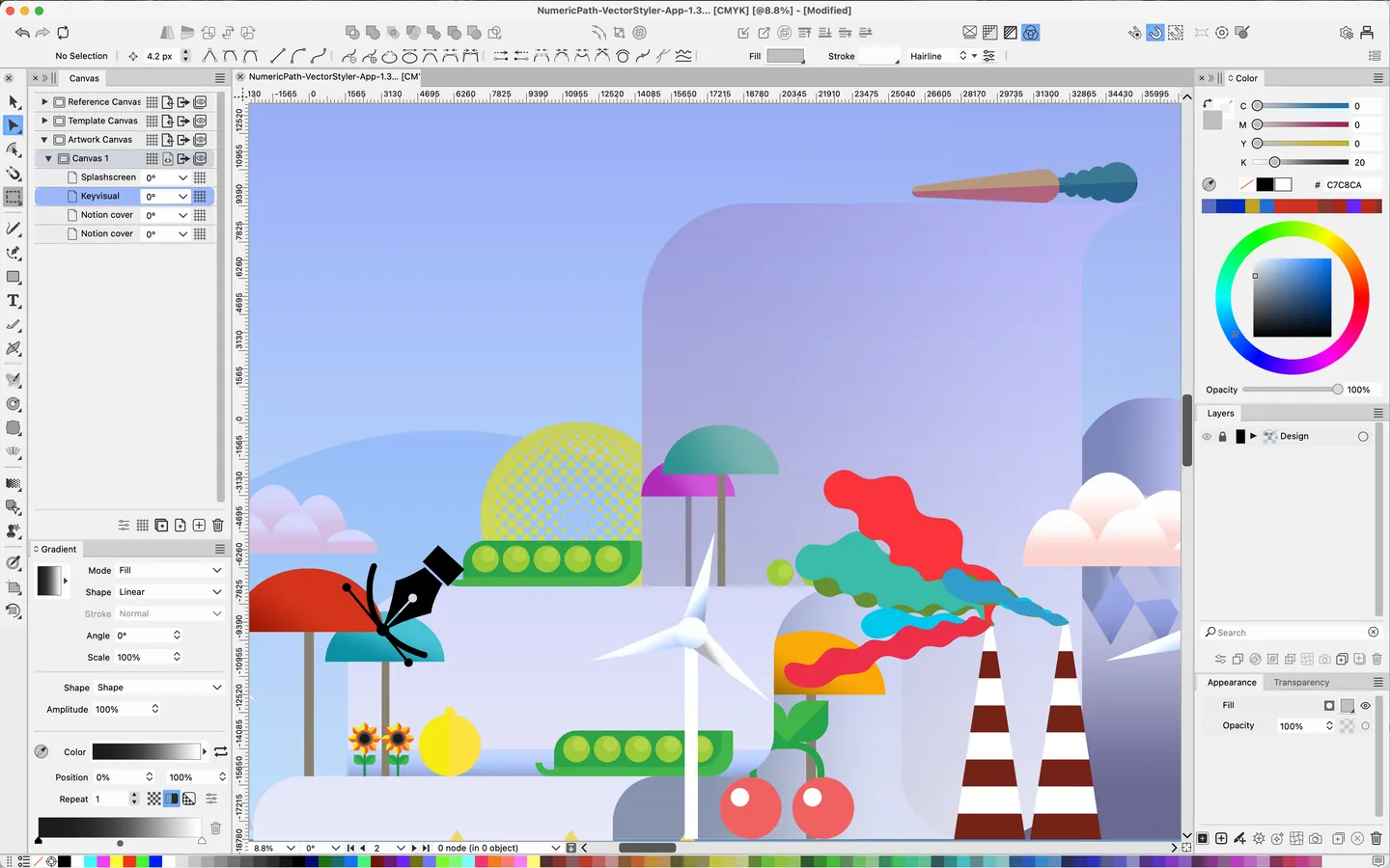 Publisher screenshot of VectorStyler on macOS, showing vector artwork, canvas list, gradient controls, color wheel and layers; Windows interface may differ.