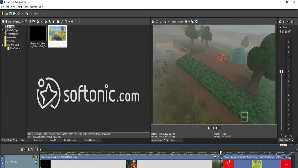 Historical VEGAS Pro 16.0 screenshot with media panel, cartoon scene preview, editing timeline and intact Softonic.com watermark.