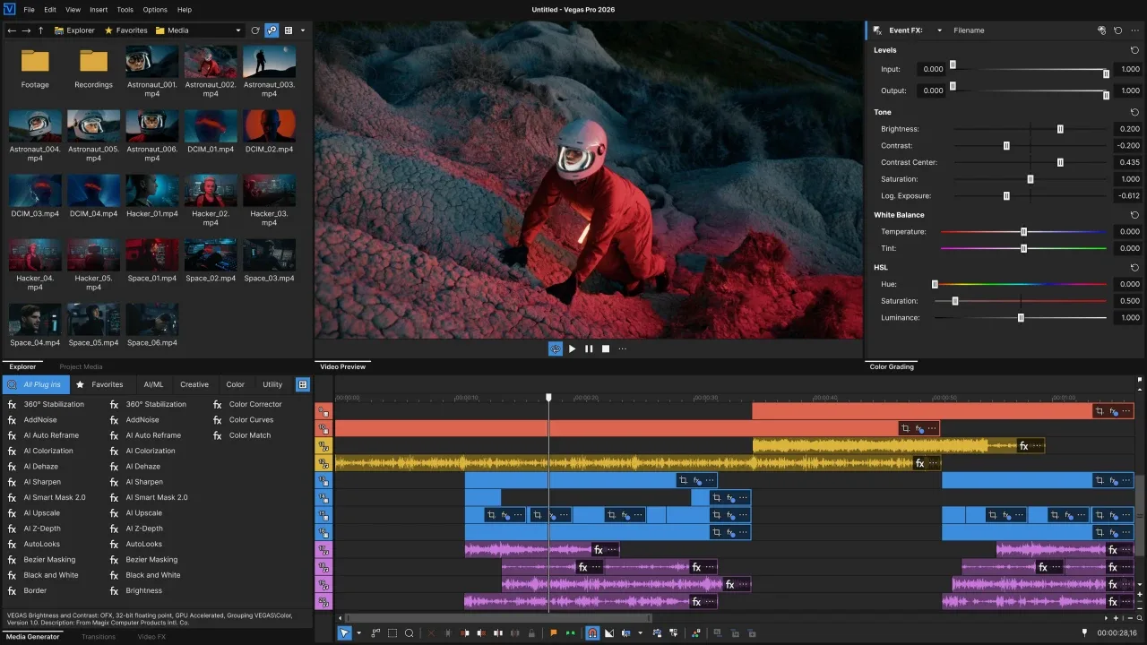 Publisher screenshot of VEGAS Pro 2026 showing media thumbnails, astronaut preview, color grading controls and a multitrack timeline.