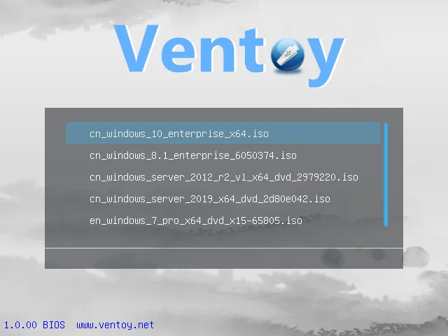 Historical Ventoy 1.0.00 BIOS boot menu with several Windows ISO files and one selected entry.