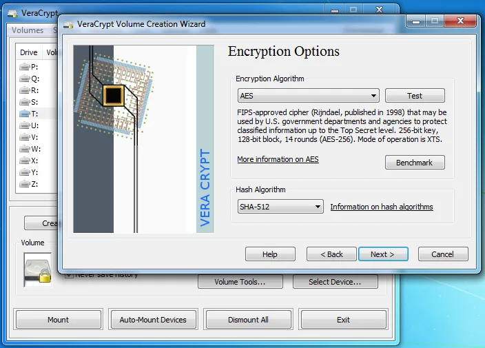 Publisher screenshot of VeraCrypt encryption-options wizard on Windows, showing AES and SHA-512; not the Mac interface.