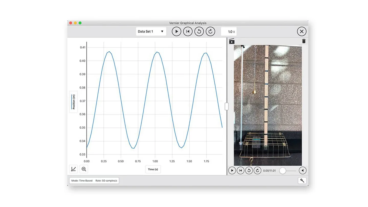 Vernier Graphical Analysis Pro showing a position-versus-time graph beside experiment video; publisher’s macOS example.