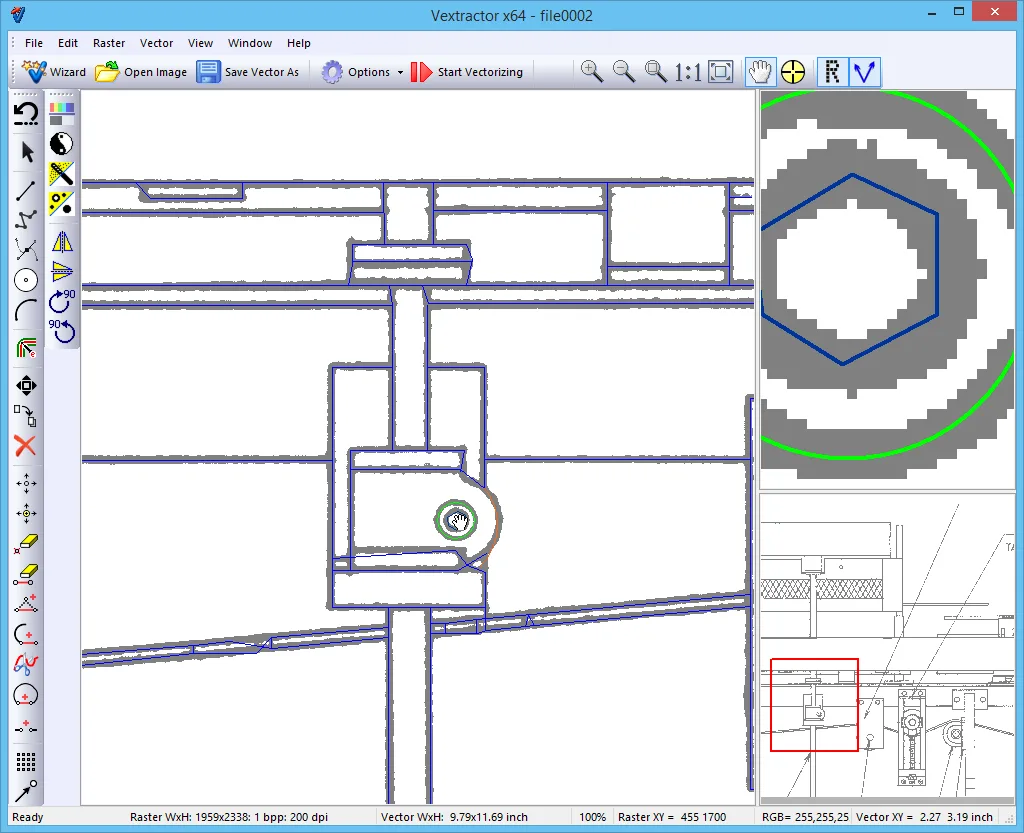 Vextractor x64 showing traced blue vector lines over a raster engineering drawing, with a magnified detail and overview pane.