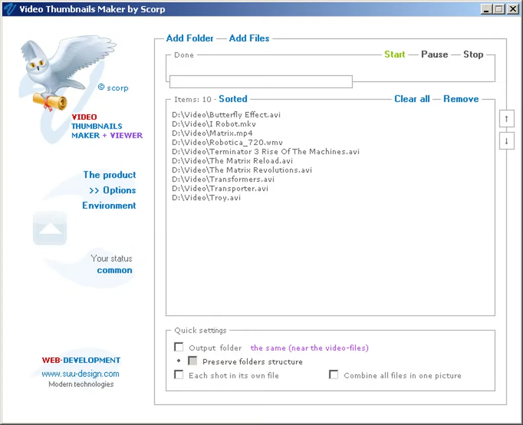Historical Softonic gallery screenshot of Video Thumbnails Maker with Add Folder, Add Files, processing controls and output options.