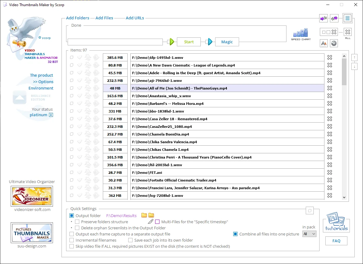 Publisher screenshot of Video Thumbnails Maker’s Windows main window with a video queue and output settings; the image shows a 32-bit edition.