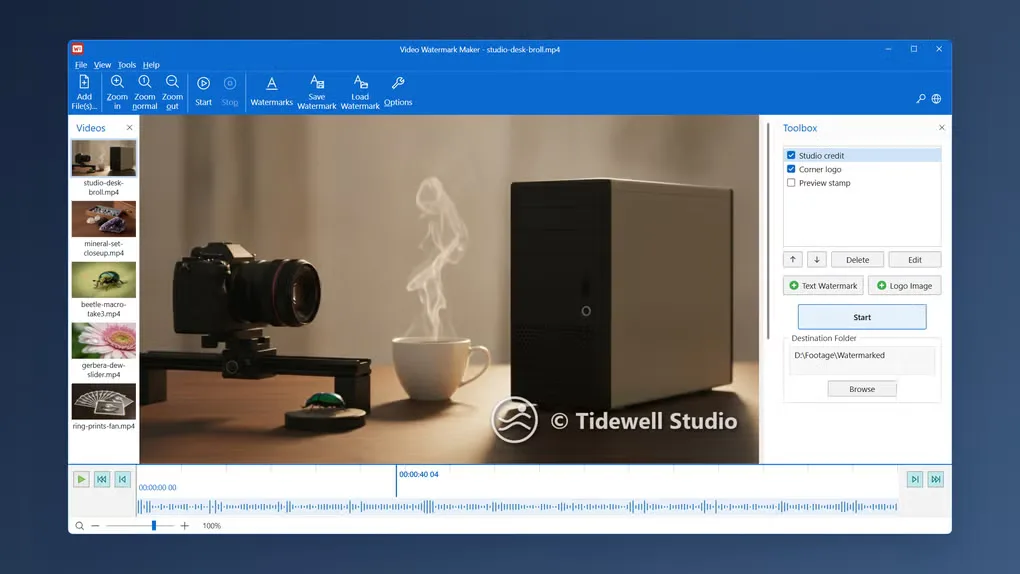Video Watermark Maker showing a clip list, a watermarked video preview, text and logo controls, and a timeline.