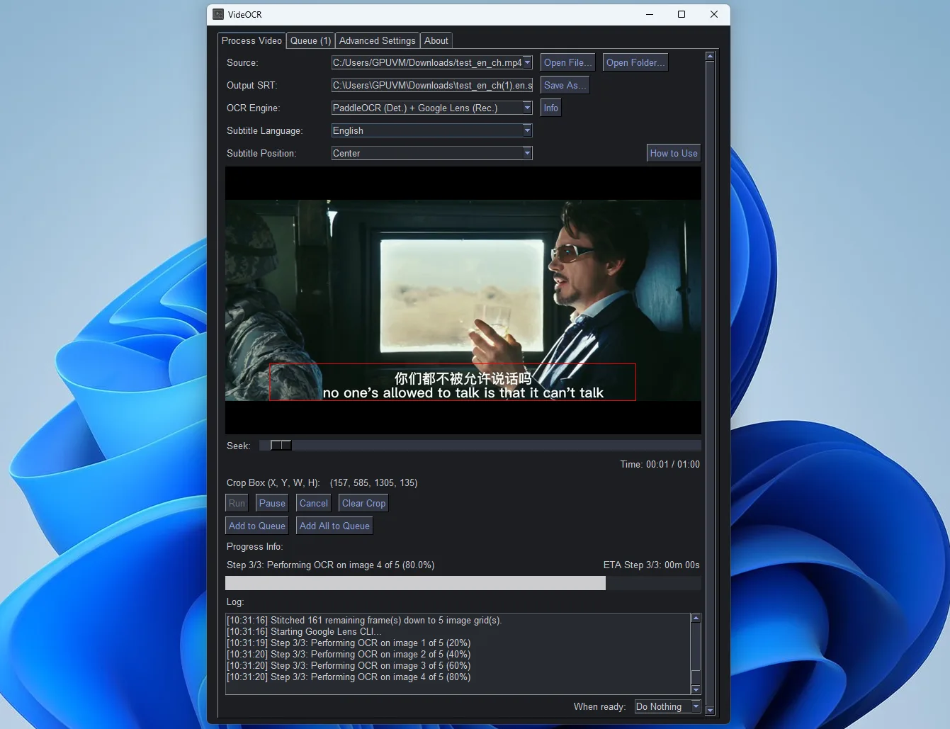 VideOCR on Windows with OCR engine and language controls, a subtitle crop box in the video preview, queue tabs, and a progress log.