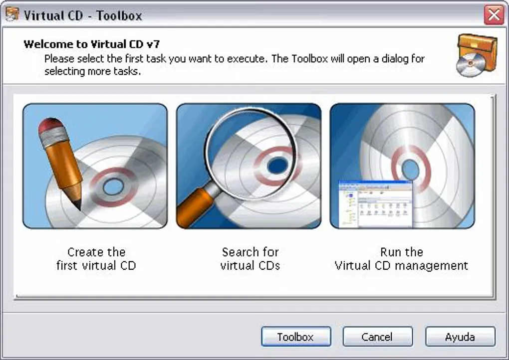 Historical Virtual CD v7 Toolbox with Create the first virtual CD, Search for virtual CDs and management options